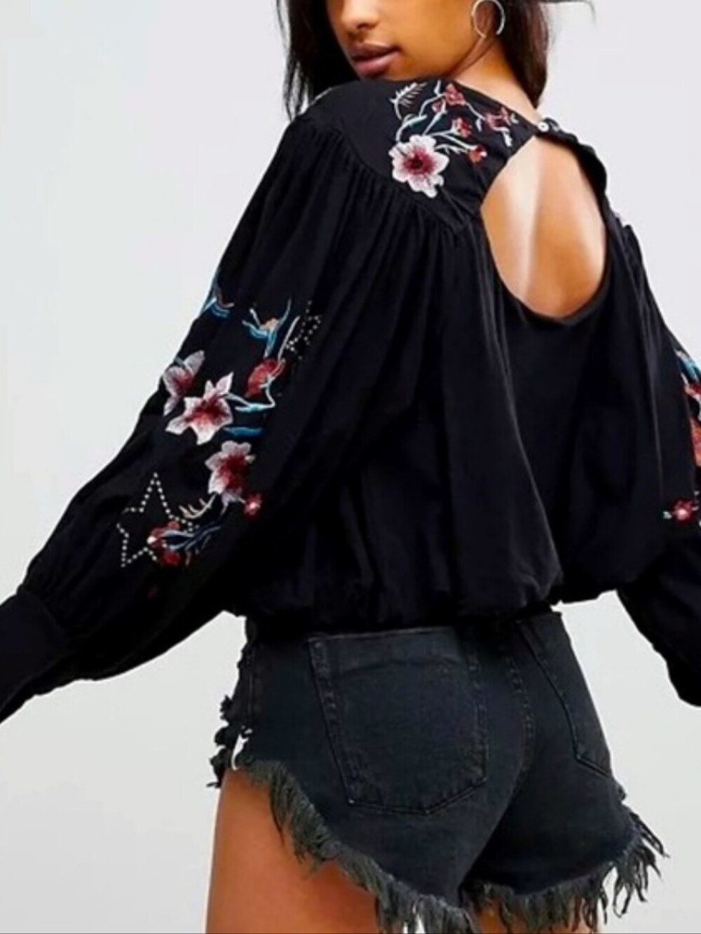 Free People Black Embroidered Lita Key Hole Bubble Hem Top Size Small BoHo